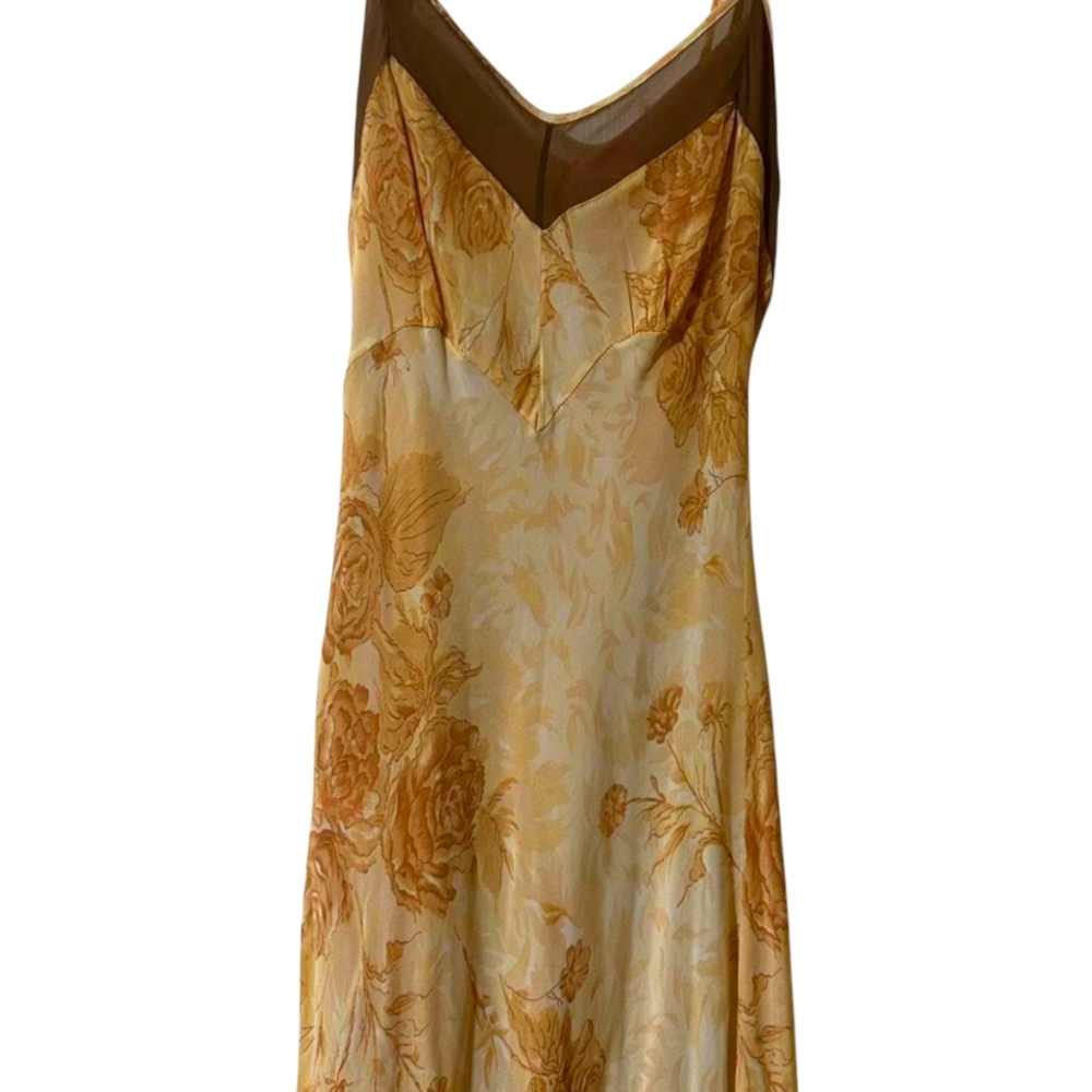 NFS/ *ISO* Vintage Betsey Johnson Yellow Brown Floral Slip Dress with Sheer Trim